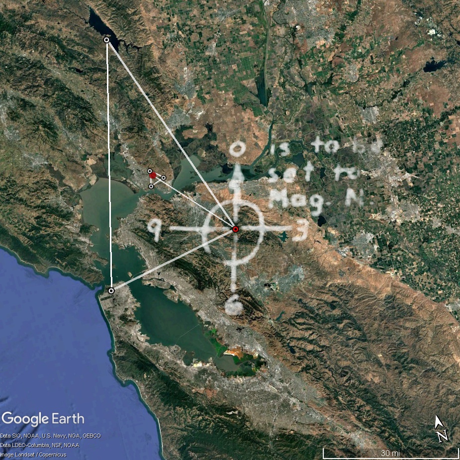 Regional satellite image showing the Mount Diablo reference system, radial construction, and decoded projection.